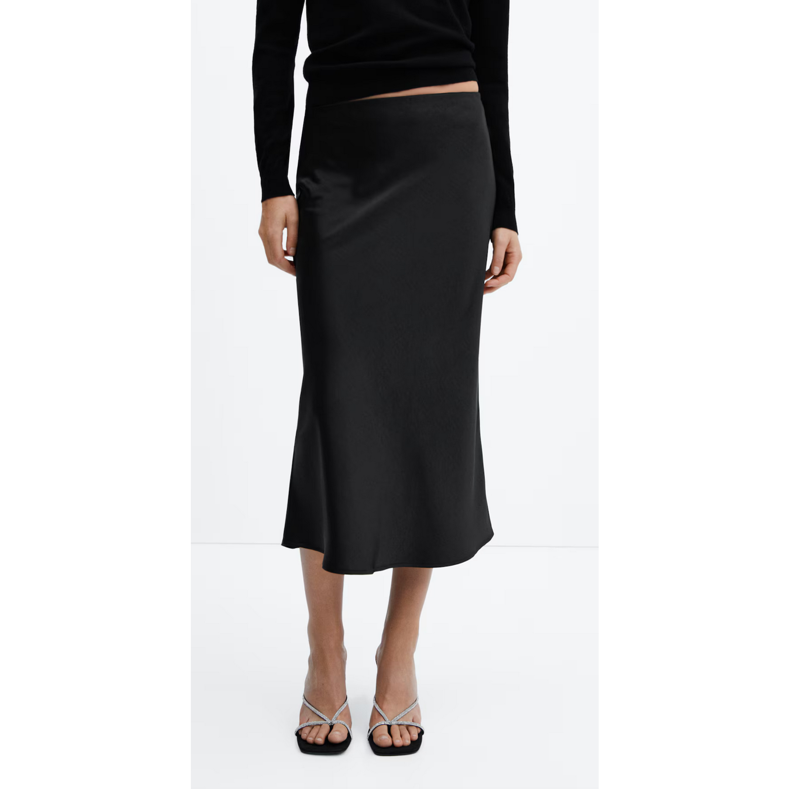 New Mango Mng Black Mia Midi Satin Skirt Sz L
